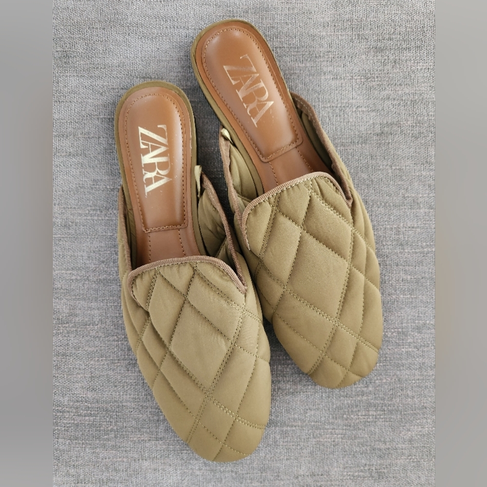 ZARA Mules Olive Satin in 38 NWOT